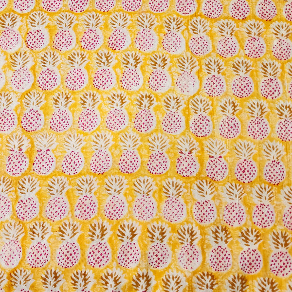 Pure Cotton Jaipuri Yellow And Pink Pineapple Fruit Motif Hand Block Print Fabric