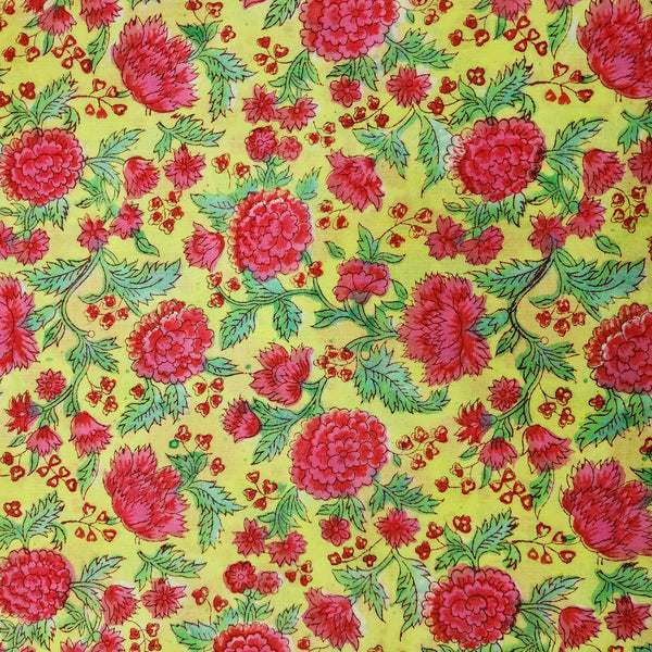 Pure Cotton Jaipuri Yellow And Pink Rose Jaal Hand Block Print Fabric