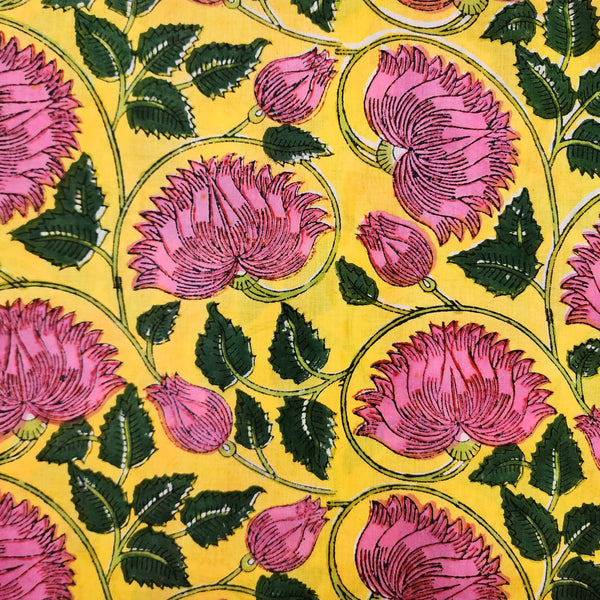 Pure Cotton Jaipuri Yellow And Pink Wild Flower Jaal Hand Block Print Fabric