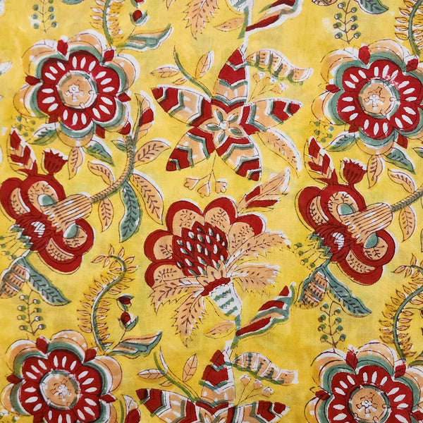 Pure Cotton Jaipuri Yellow And Red Wild Big Flower Jaal Hand Block Print Fabric