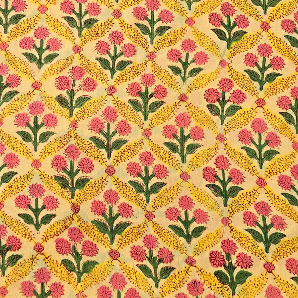 Pure Cotton Jaipuri Yellow Intricate Design Pink Flower Motif Hand Block Print Fabric