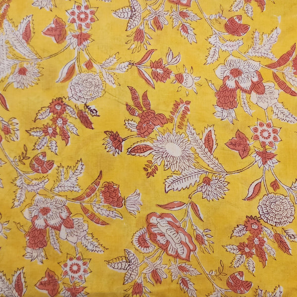 Pre Cut (1.65 Meter) Pure Cotton Jaipuri Soft Yellow With White And Rust Jaal Hand Block Print Fabric