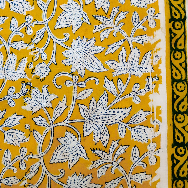 Pure Cotton Jaipuri Yellow With Blue And White Flower Jaal Hand Block Print Fabric