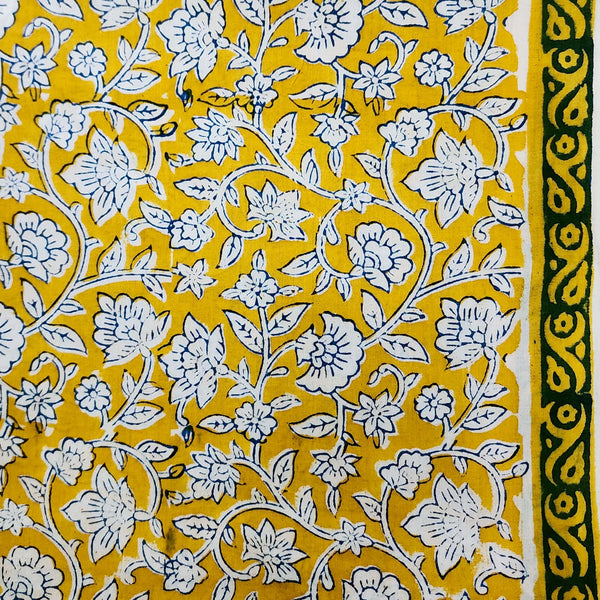 Pure Cotton Jaipuri Yellow With Blue And White Jasmine Flower Jaal Hand Block Print Fabric