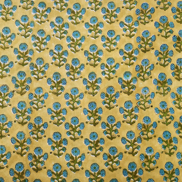 Pure Cotton Jaipuri Yellow With Blue Flower Buds Hand Block Print Fabric