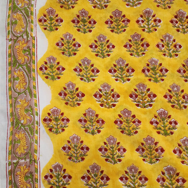 Pre Cut ( 1.10 Meter) Pure Cotton Jaipuri Yellow With Floral Bush Hand Block Print Fabric