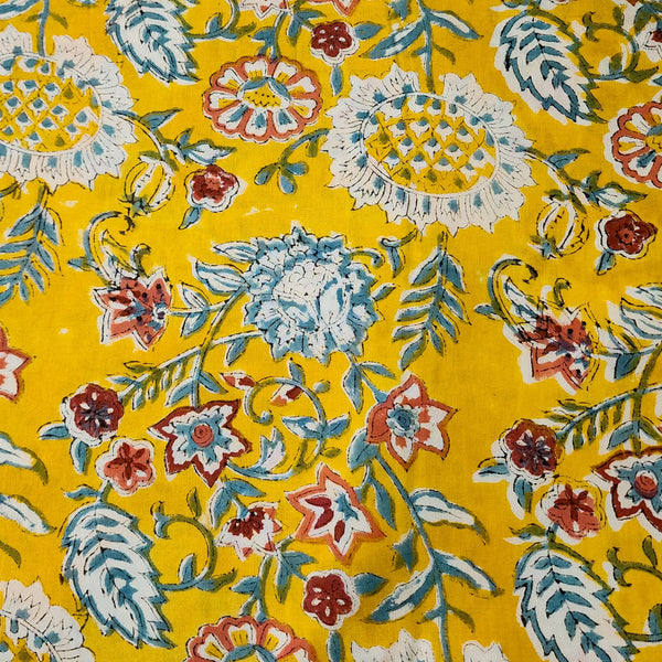 Pure Cotton Jaipuri Yellow With Floral  Flower Jaal Hand Block Print Fabric