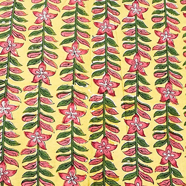 Pure Cotton Jaipuri Yellow With Green And Pink Flower Creeper Hand Block Print Fabric