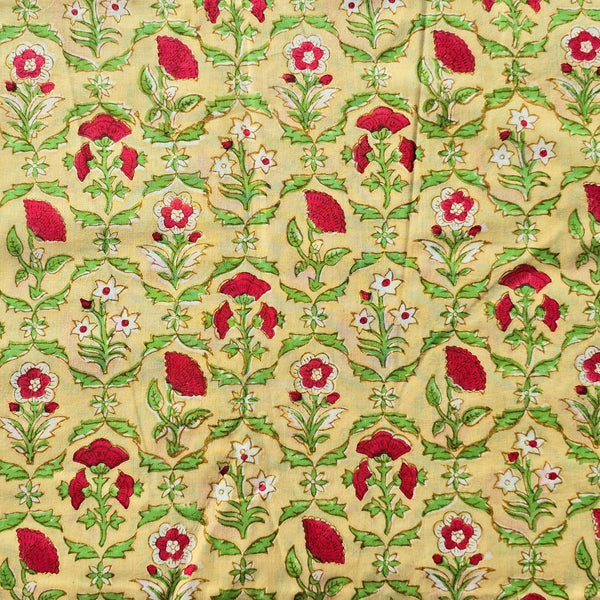 Pure Cotton Jaipuri Yellow With Green And Red Flower Jaal Hand Block Print Fabric