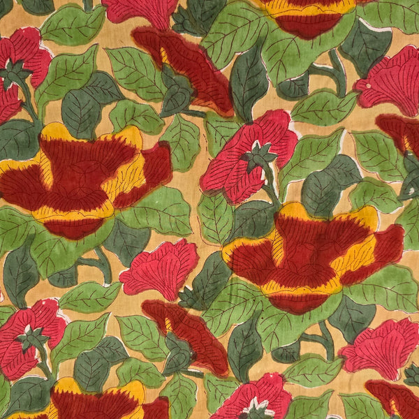 Pure Cotton Jaipuri Yellow With Green And Red Wild Flower Jaal Hand Block Print Fabric