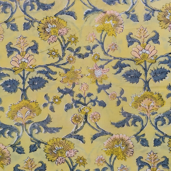 Pure Cotton Jaipuri Yellow With Grey Flower Jaal Hand Block Print Fabric