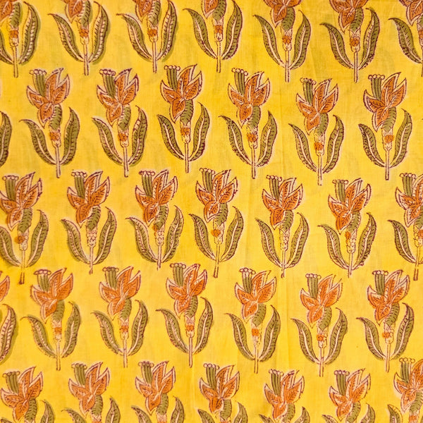 Pure Cotton Jaipuri Yellow With Light Orange Flower Motif Hand Block Print Fabric