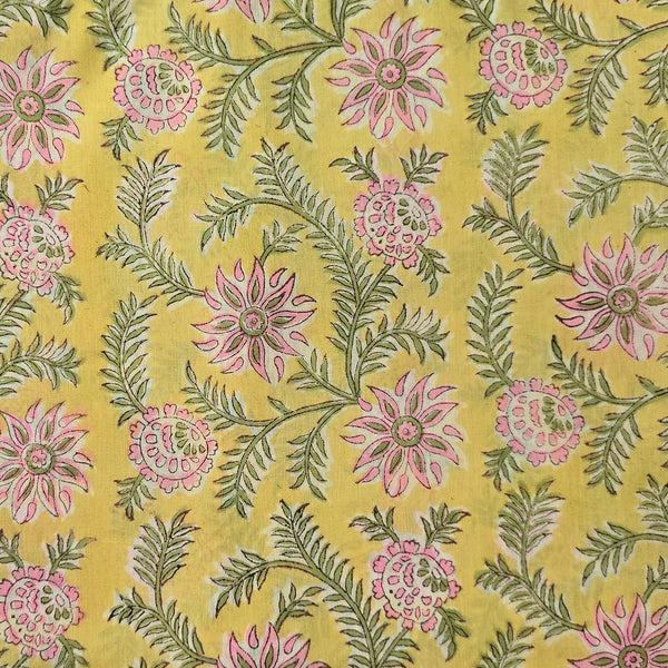 Pure Cotton Jaipuri Yellow With Light Pink Flower Jaal Hand Block Print Fabric