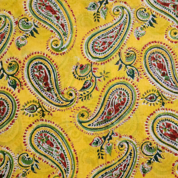 Pre -cut 1 meter Pure Cotton Jaipuri Yellow With Multi Kairi Jaal Hand Block Prit Fabric