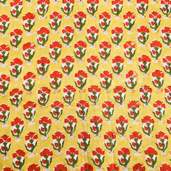 Pure Cotton Jaipuri Yellow With Orange Flower Plant Hand Block Print Fabric