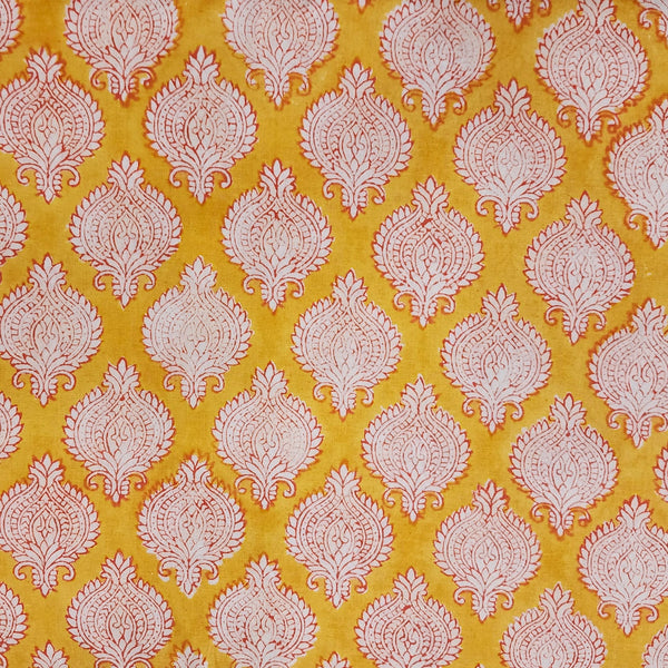 Pure Cotton Jaipuri Yellow With Orange Intricate Design Pot Hand Block Print Fabric