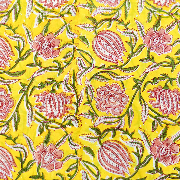 Pure Cotton Jaipuri Yellow With Peach Wild Fruit Jaal Hand Block Print Fabric