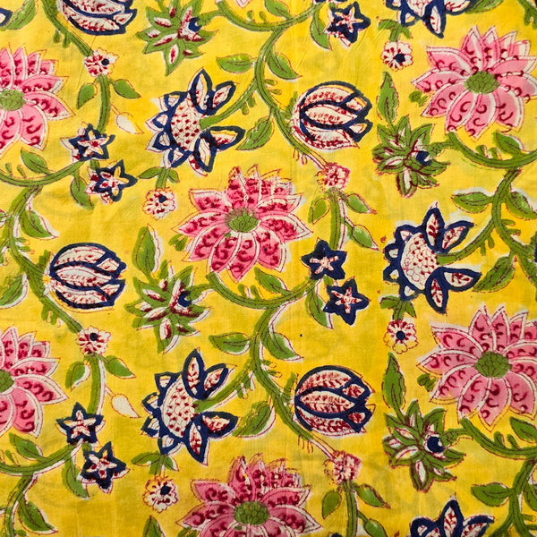 Pure Cotton Jaipuri Yellow With Pink And Blue Saffron Flower Jaal Hand Block Print Fabric