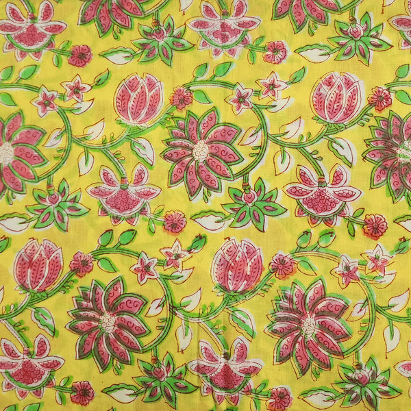 Pure Cotton Jaipuri Yellow With Pink And Green Jaal Hand Block Print Fabric