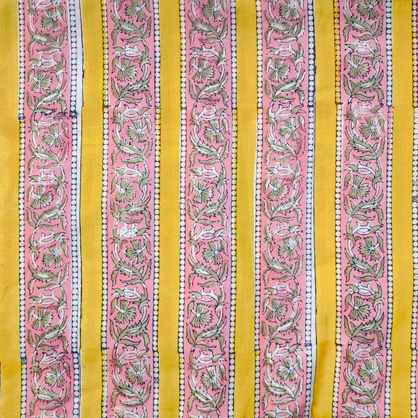 Pure Cotton Jaipuri Yellow With Pink Border Hand Block Print Fabric