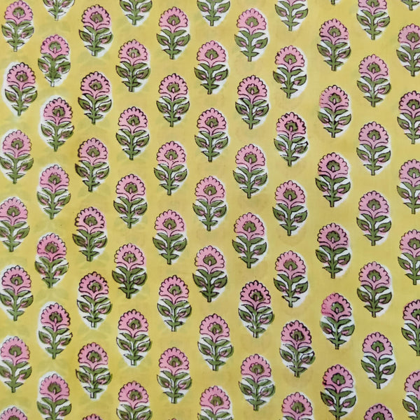 Pure Cotton Jaipuri Yellow With Pink Bud Flower Motifs Hand Block Print Fabric