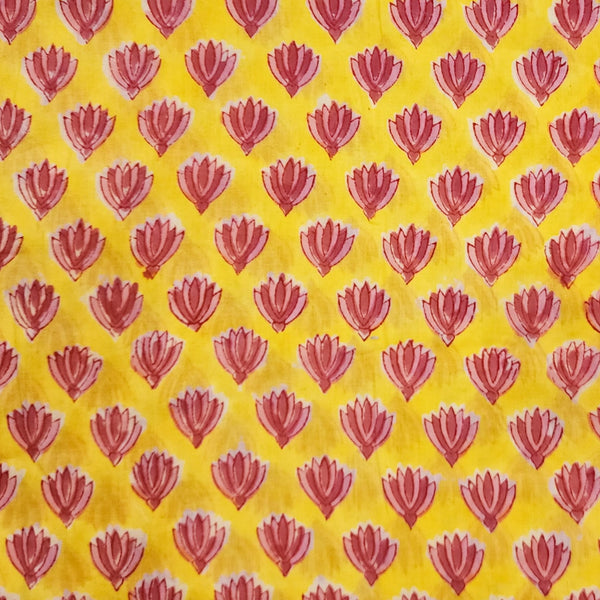 Pure Cotton Jaipuri Yellow With Pink Flower Hand Block Print Fabric