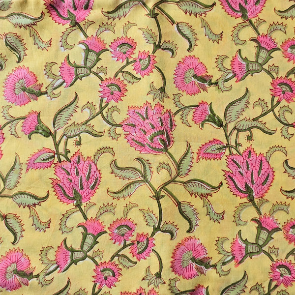 Pure Cotton Jaipuri Yellow With Pink Flower Jaal Hand Block Print Fabric