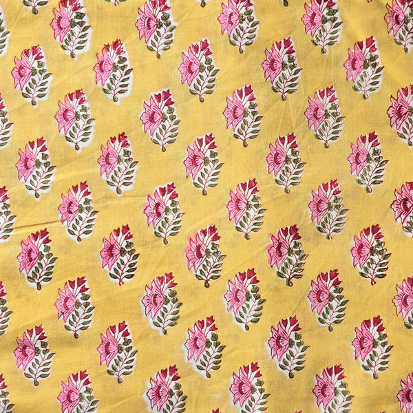 Pure Cotton Jaipuri Yellow With Pink Flower Motif Hand Block Print Fabric