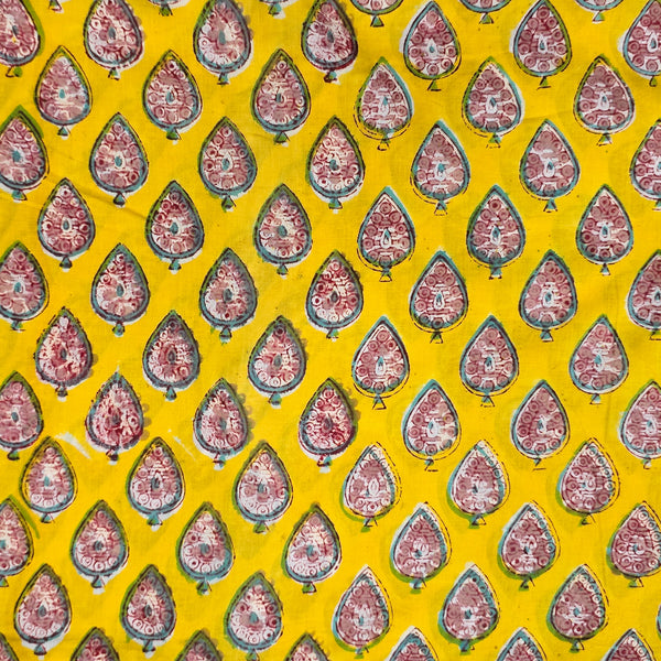 Pure Cotton Jaipuri Yellow With Pink Paan Hand Block Print Fabric