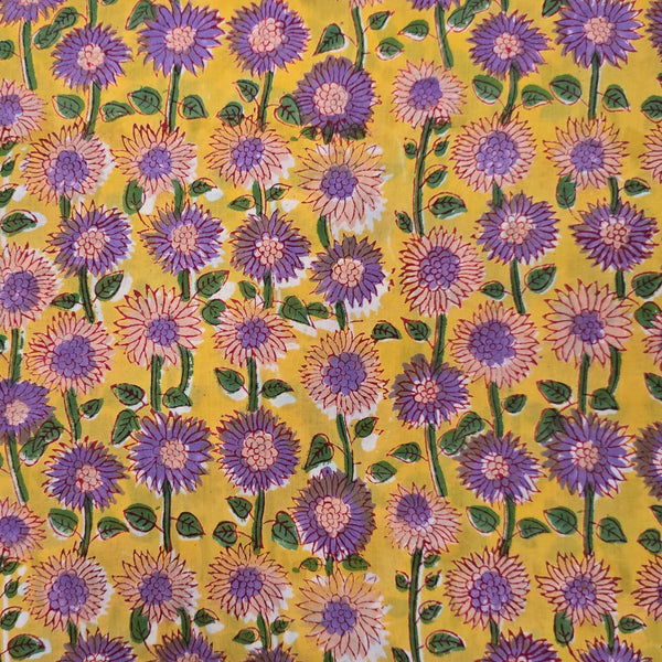 Pure Cotton Jaipuri Yellow With Purple Flower Jaal Hand Block Print Fabric