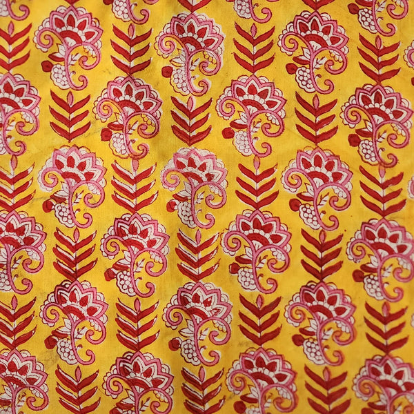 Pure Cotton Jaipuri Yellow With Red Flower Creeper Hand Block Print Fabric