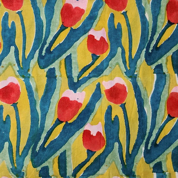 Pure Cotton Jaipuri Yellow With Red Tulips Flower Hand Block Print Fabric