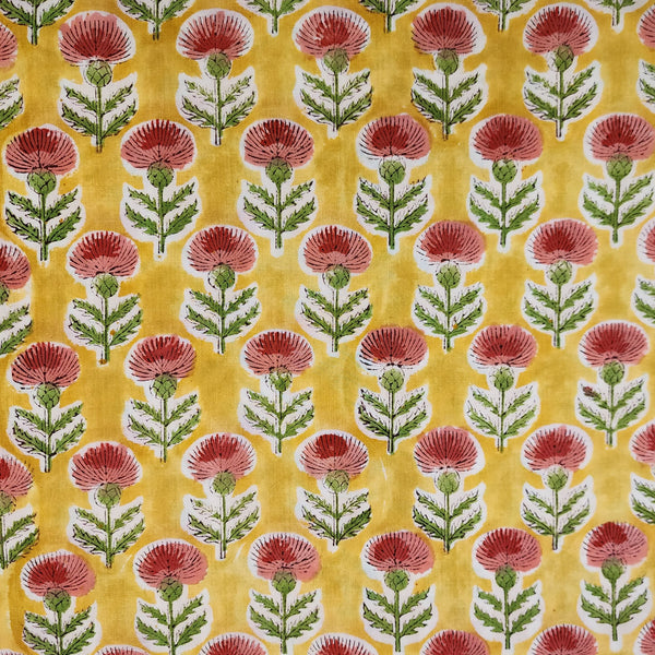 Pure Cotton Jaipuri Yellow With Shaded Flower Motifs Hand Block Print Fabric