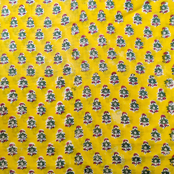 ( PRE-CUT 1.20 METER ) Pure Cotton Jaipuri Yellow With Tiny Flowers Hand Block Print Fabric