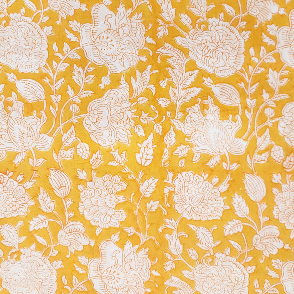 ( Pre-Cut 1.20 Meter ) Pure Cotton Jaipuri Yellow With White Flower Jaal Hand Block Print Fabric