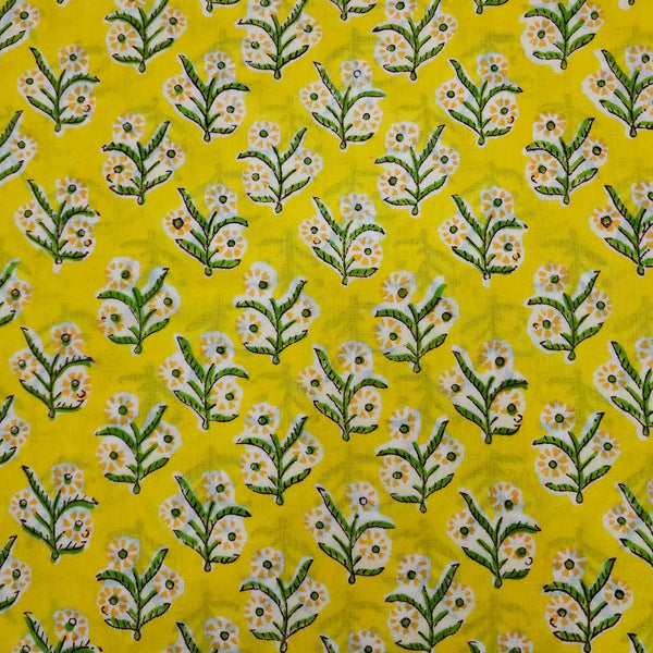 Pure Cotton Jaipuri Yellow With White Flower Motif Hand Block Print Fabric