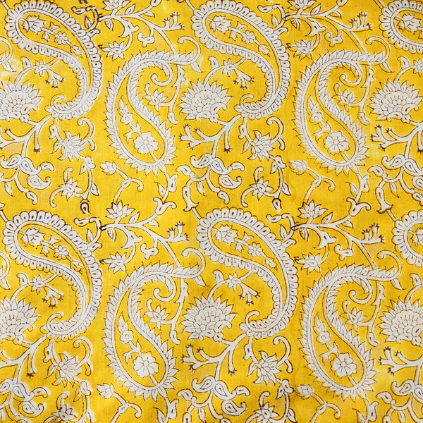 Pure Cotton Jaipuri Yellow With White Kairi Jaal Hand Block Print Fabric