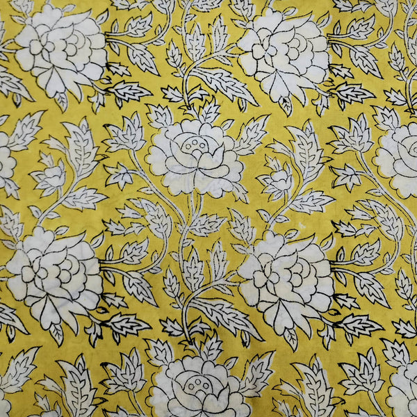 Pure Cotton Jaipuri Yellow With White Rose Flower Hand Block Print Fabric