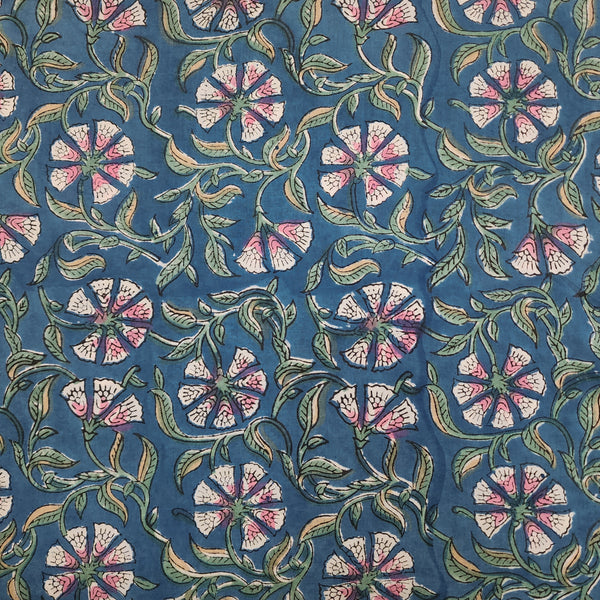 ( Pre-Cut 1.90 Meter) Pure Cotton Jaipuri Blue With White Flowers And Green Leaves Jaal Hand Block Print Fabric