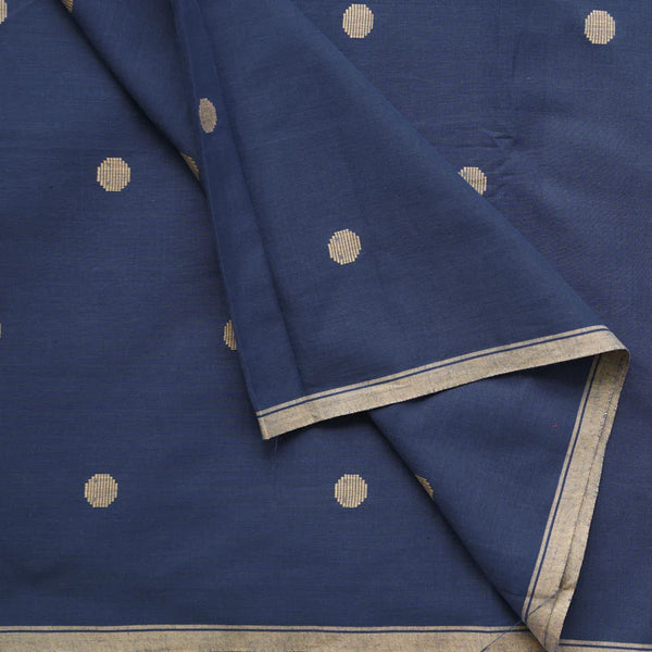 ( PRE-CUT 1.80 METER ) Pure Cotton Jamdani Blue With Grey Polka Dots With Small Border Woven Fabric