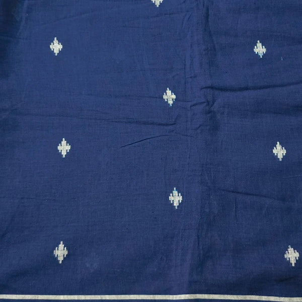 Pre-Cut 2.30 Meter Pure Cotton Jamdani Blue With White Hand Woven Fabric