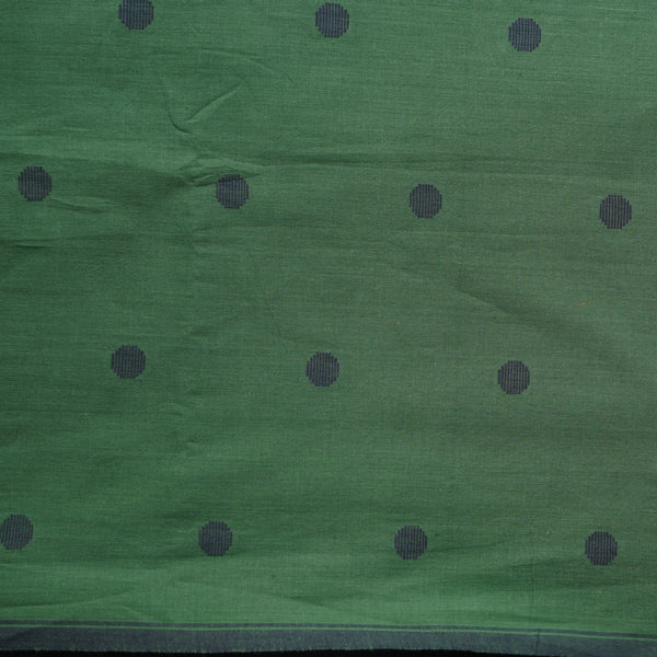 ( Pre- Cut 1.24 Meter )Pure Cotton Jamdani Dark Green With Blue Polka Dots With Small Border Woven Fabric