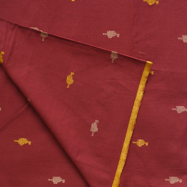 Pure Cotton Jamdani Maroon With Mustard Multi Butti Woven Fabric