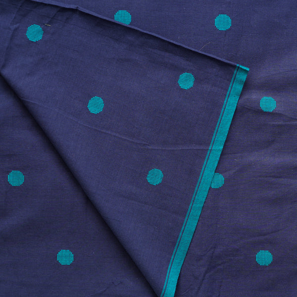 ( Pre-Cut 0.82 Meter ) Pure Cotton Jamdani Navy Blue With Light Blue Polka Dots  Woven Fabric