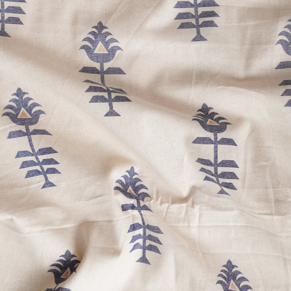 Pure Cotton Jamdani Off White With Blue Flower Motif Printed Fabric