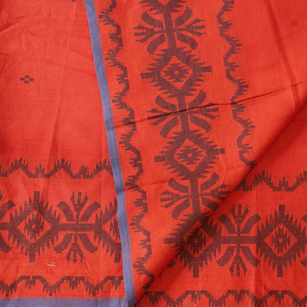 ( Pre-Cut 0.80 Meter) Pure Cotton Kaatha Orange With Red Stripes Hand Woven Fabric