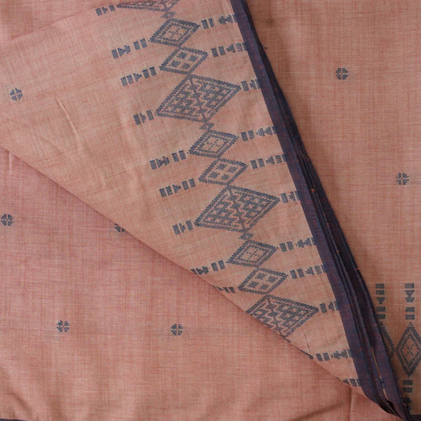 ( PRE-CUT 1.60 METER ) Pure Cotton Jamdani Peach With Blue Polka Dots And Border Hand Woven Fabric