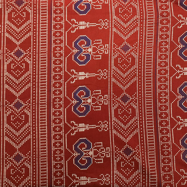 Pre Cut (0.85 Meter) Pure Cotton Jamdani Print Red With Blue ScreenPrint Fabric