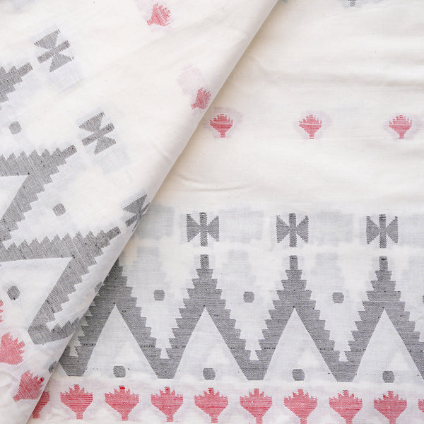 Pure Cotton Jamdani White With Red And Grey Border Design Woven Fabric