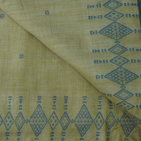 Pure Cotton Jamdani Yellow With Blue Polka Dots And Border Hand Woven Fabric